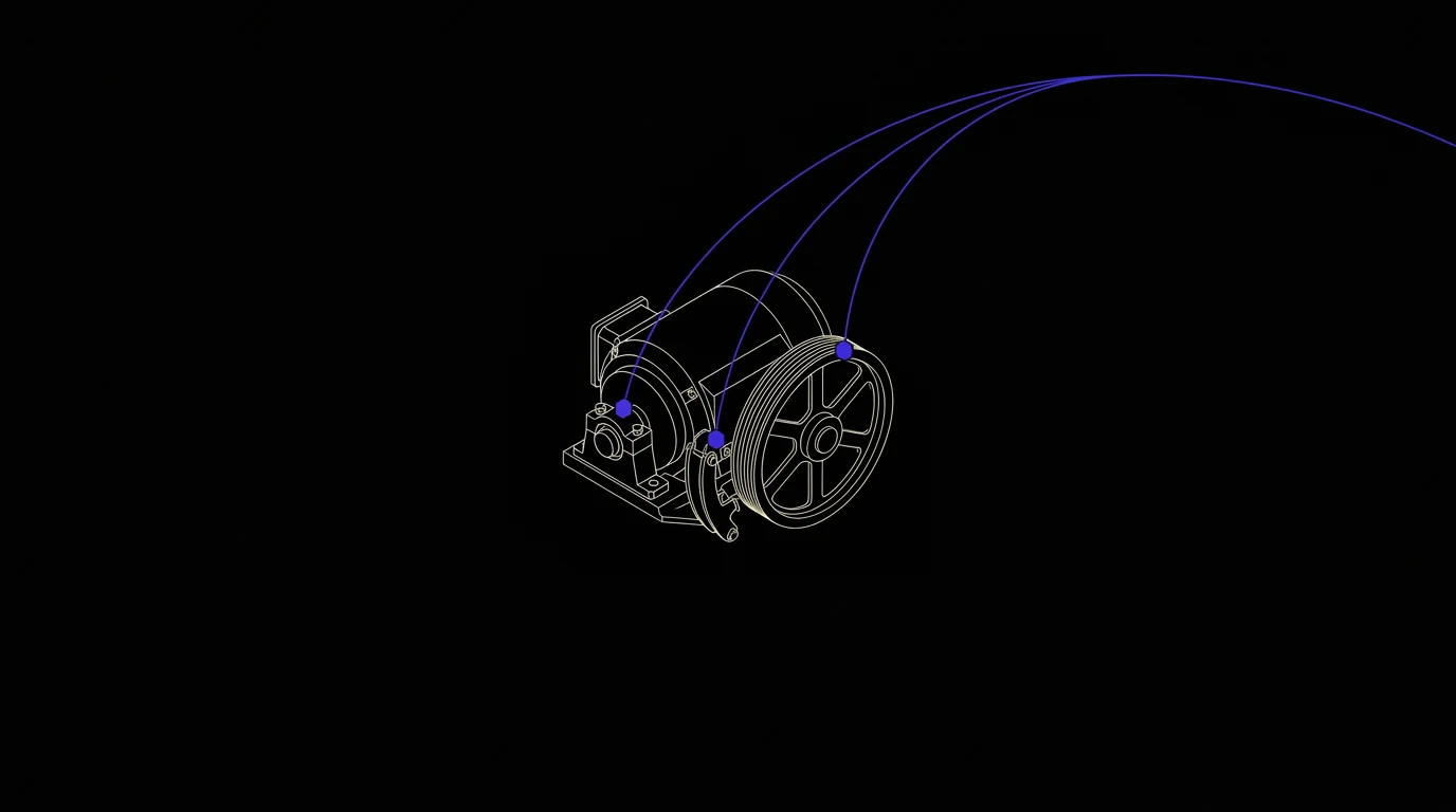 Technische lijntekening van een liftmotor met gekoppelde bron- en informatiesporen