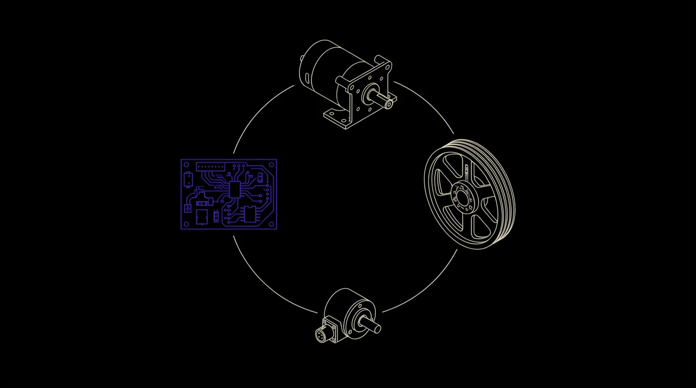 Technische compositie van liftmotor, schijf, encoder en besturingsprint in een circulaire onderdelenroute