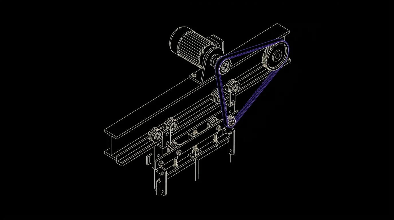 Technische lijntekening van een liftdeurmotor met riem en loopwerk