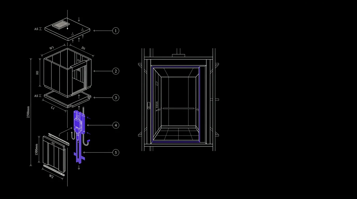 Technische exploded view van liftcabine, deuren en constructiedelen