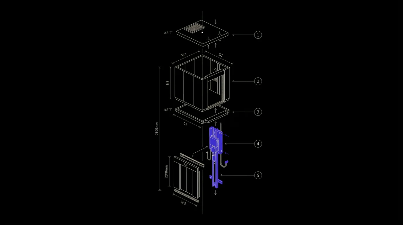 Technische exploded view van een liftcabine en cabinecomponenten