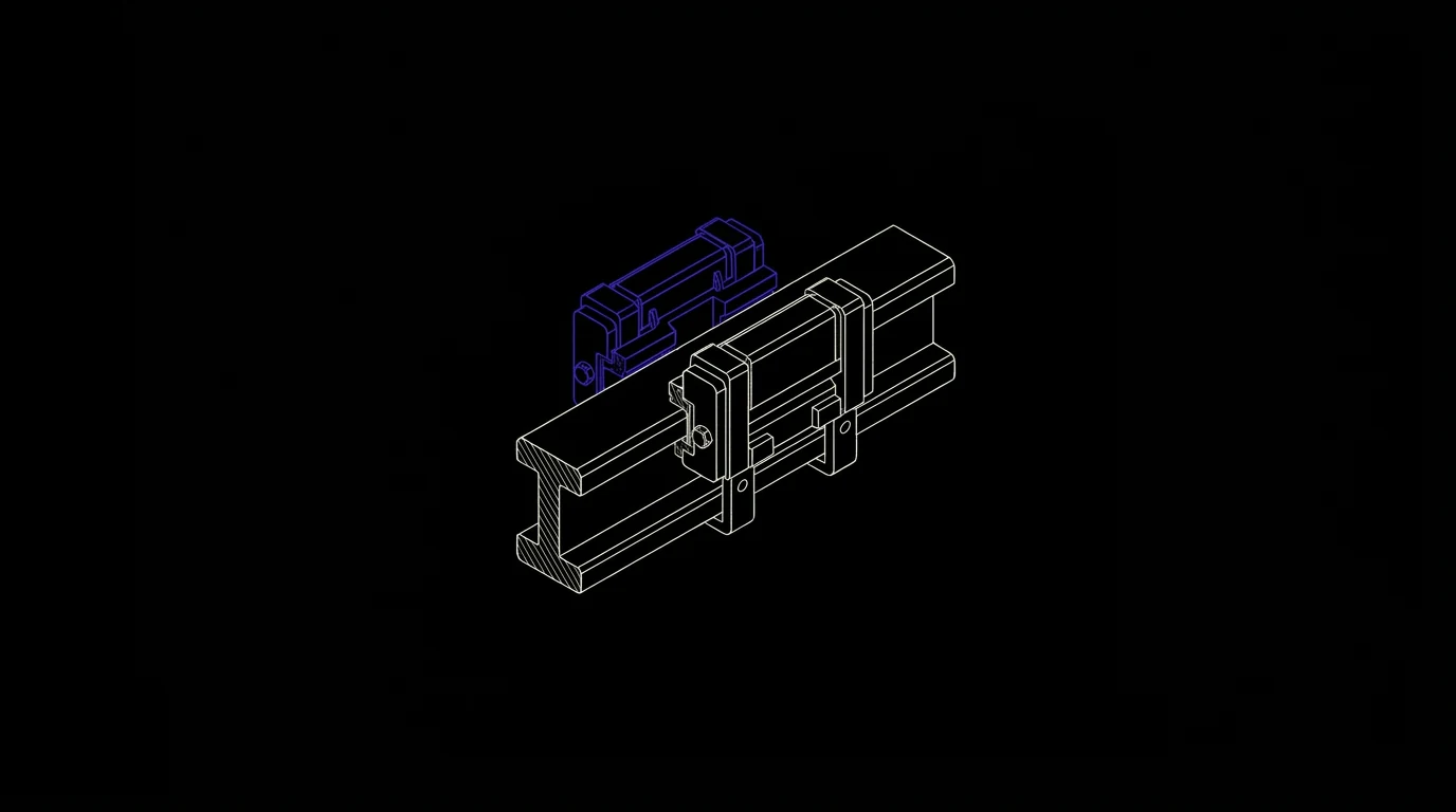 Technische lijntekening van railklemmen en geleidingscomponenten voor een lift