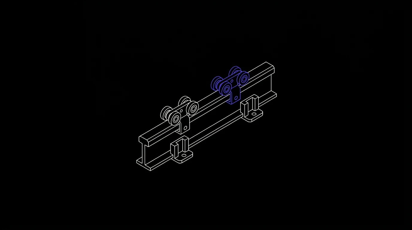 Technische lijntekening van railrollen en geleidingsdelen voor een lift