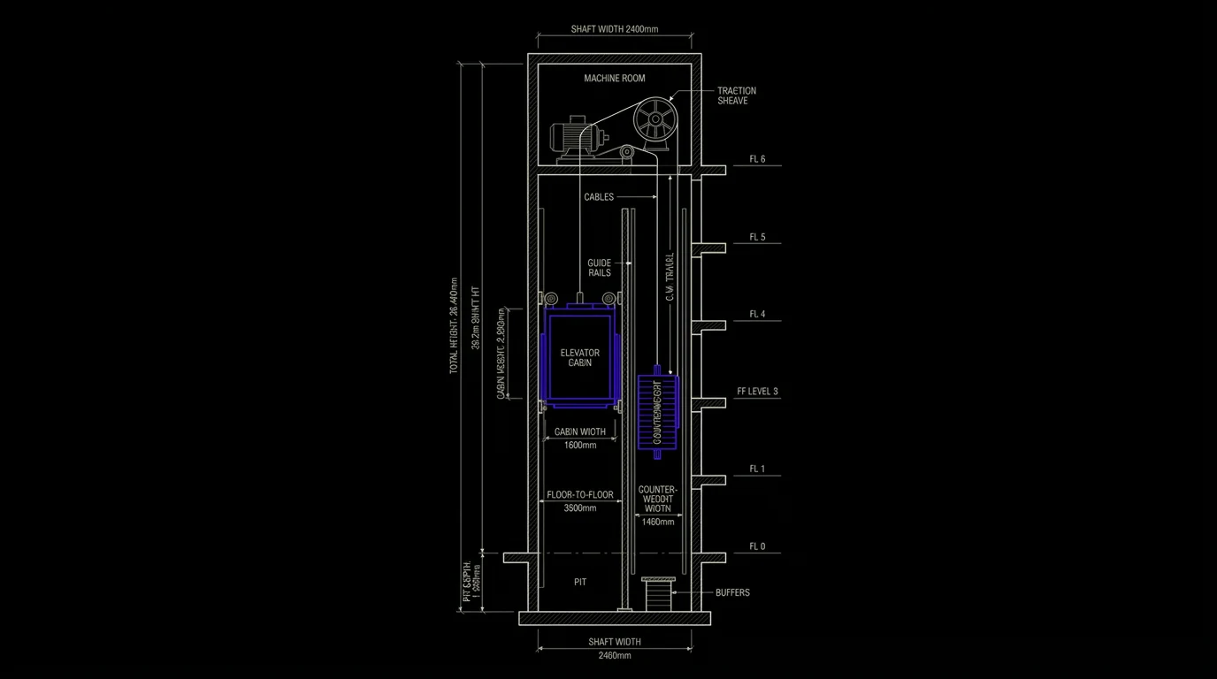 Technische doorsnede van een liftschacht met cabine en geleiding