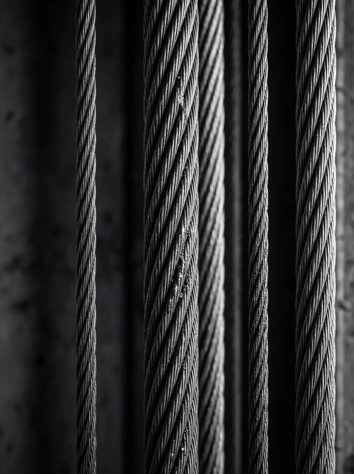 Detail van stalen hijskabels van een liftinstallatie