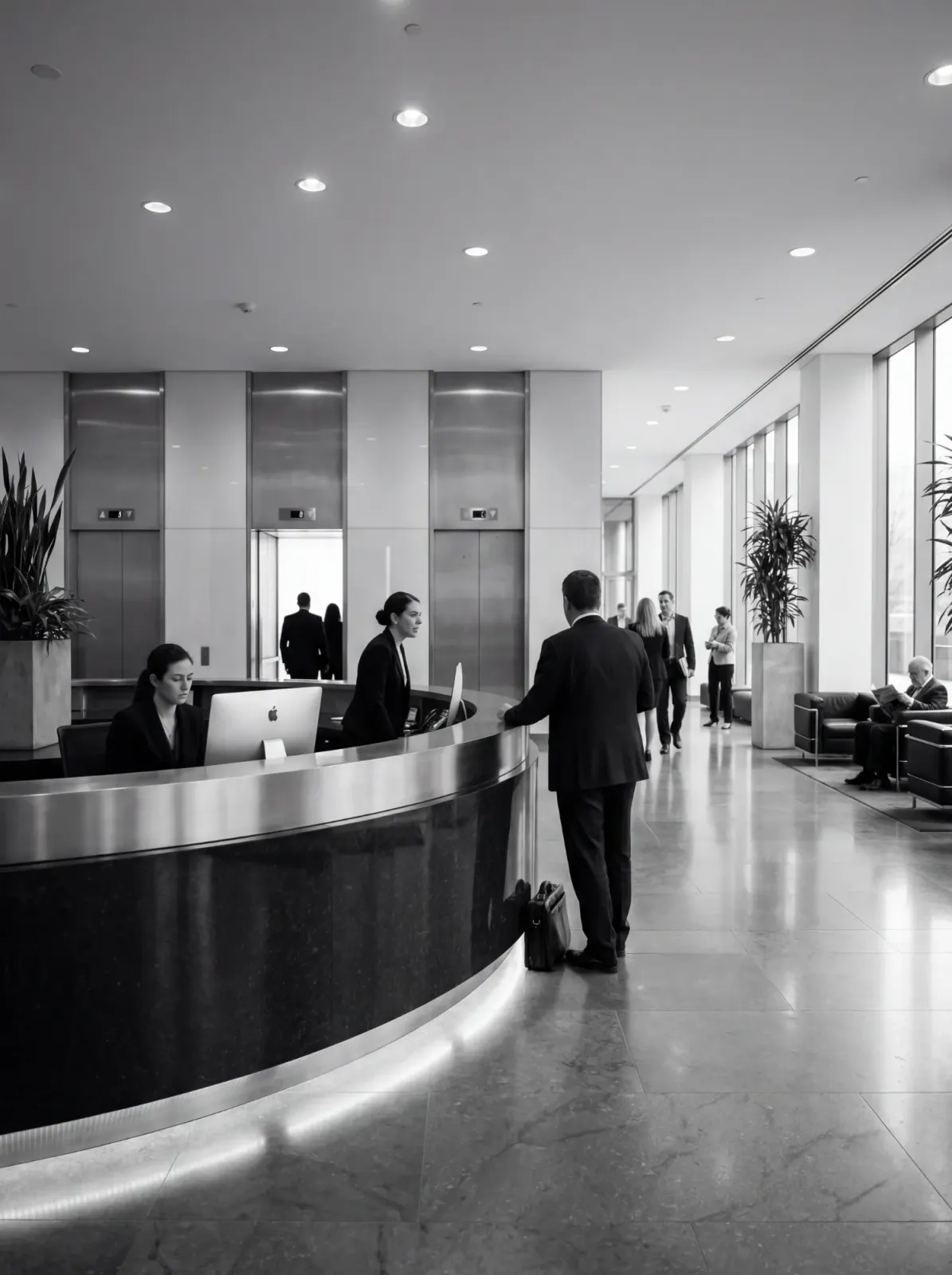 Ontvangst in de lobby van een kantoorgebouw, met liften op de achtergrond